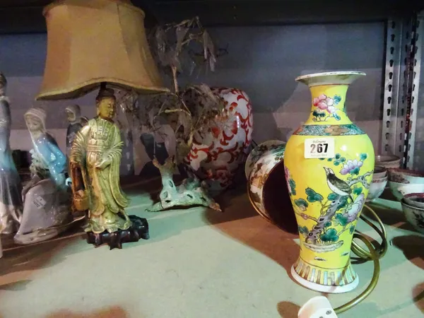 Asian ceramics and works of art including; yellow ground baluster vase, glass hung ornamental tree, two lamp bases and a vase (5).