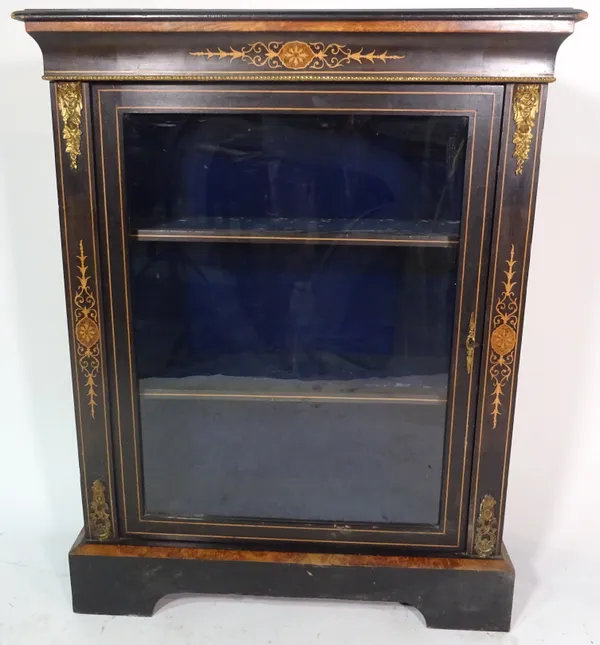 A Victorian ebonised and inlaid pier cabinet with single glazed door, 84cm wide x 106cm high.