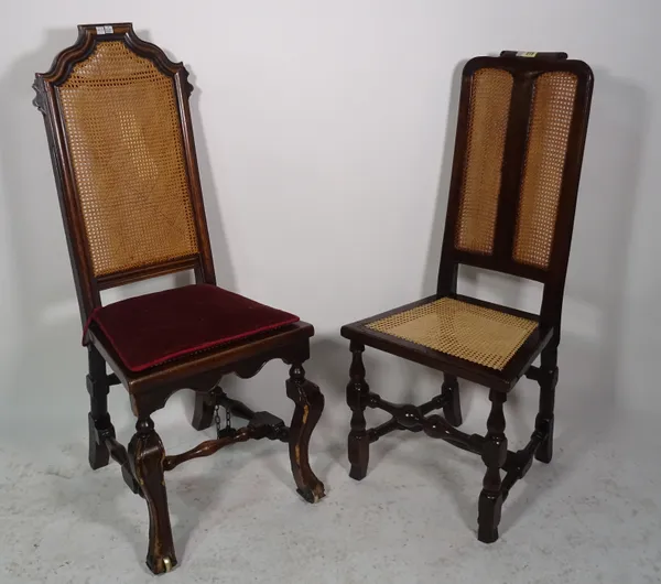 An 17th century and later walnut high back side chair, 50cm wide x 113cm high, together with another similar (2).