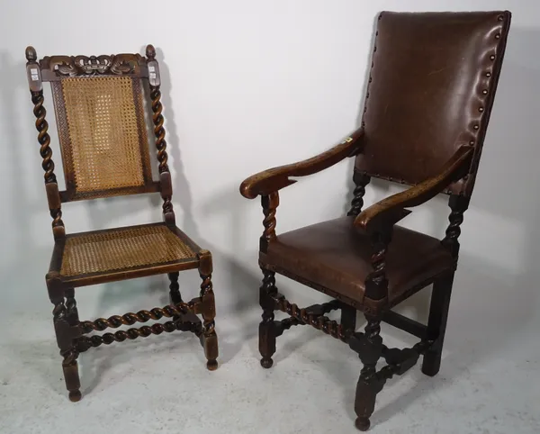 A 17th century and later oak open armchair on barleytwist supports, 50cm wide x 119cm high, together with a Charles II style side chair, 51cm wide x 1