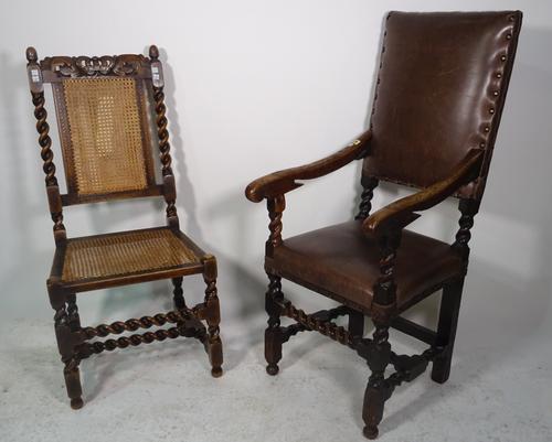 A 17th century and later oak open armchair on barleytwist supports, 50cm wide x 119cm high, together with a Charles II style side chair, 51cm wide x 1
