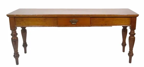 A 19th century walnut serving table with single frieze drawer on turned supports, 183cm wide x 77cm high.