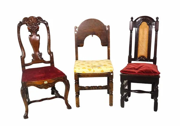 A group of three chairs to include a queen Anne side chair, an 18th century carved back side chair and one other, (3).
