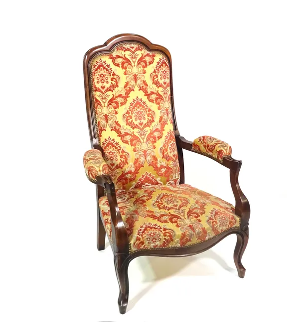 A 20th century French stained beech highback open armchair.