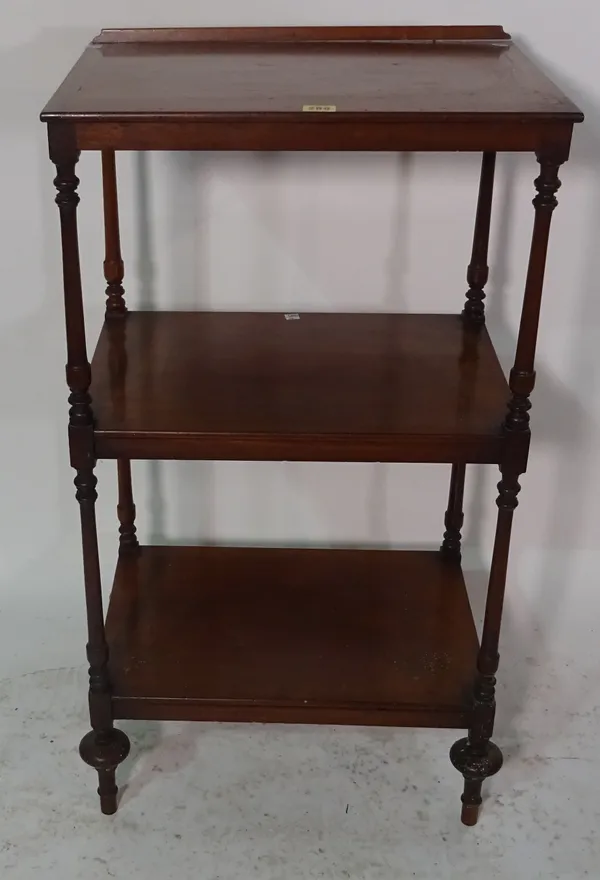 A Victorian mahogany three tier whatnot with ratchet adjustable top, 51cm wide x 93cm high.