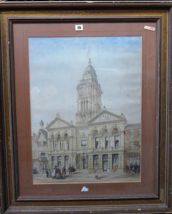 English School (19th century), A prospect of a Town Hall, watercolour over pencil, 62.5cm x 46cm.