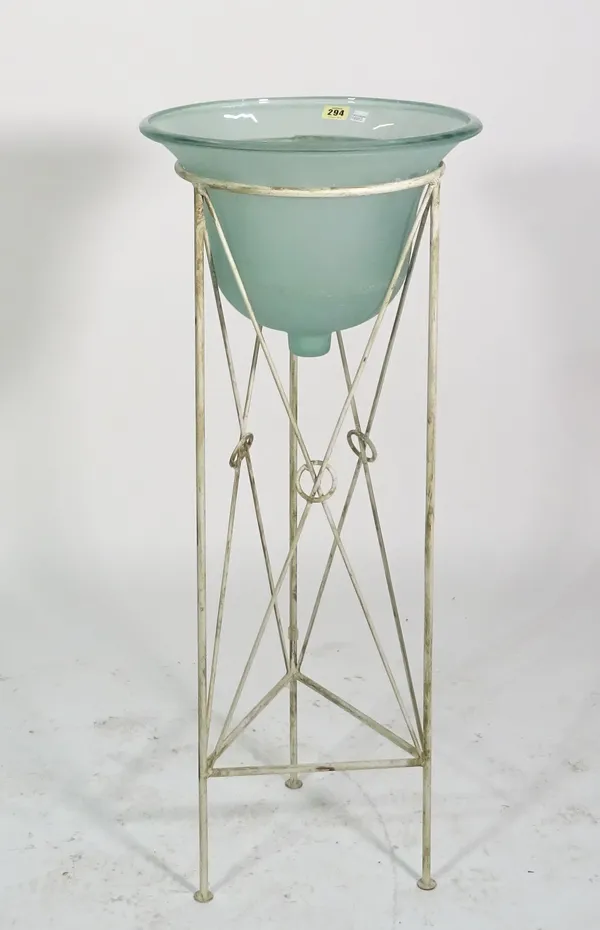 An early 20th century white metal jardiniere stand, with glass dish, 38cm wide x 95cm high.