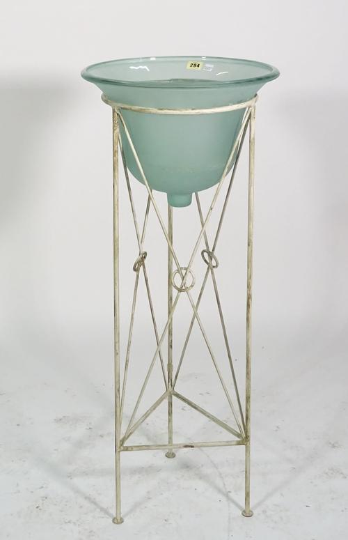 An early 20th century white metal jardiniere stand, with glass dish, 38cm wide x 95cm high.