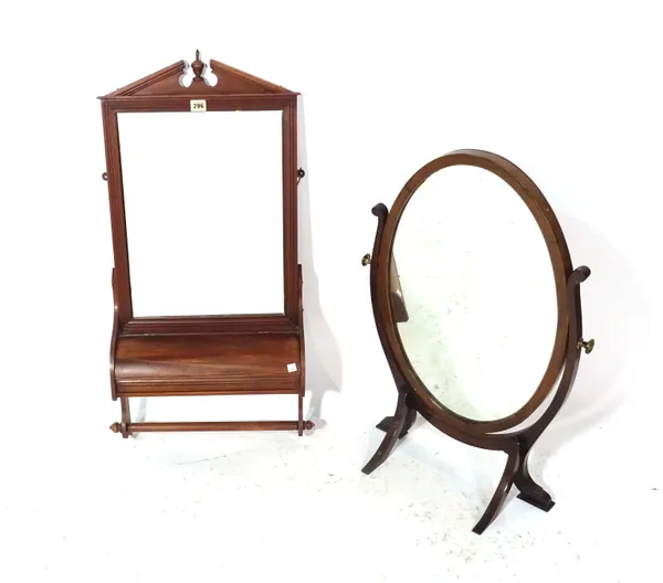 A Victorian mahogany pier mirror, with integral glove box and hanging rail, 42cm wide x 85cm high and a 19th century mahogany oval dressing table mirr