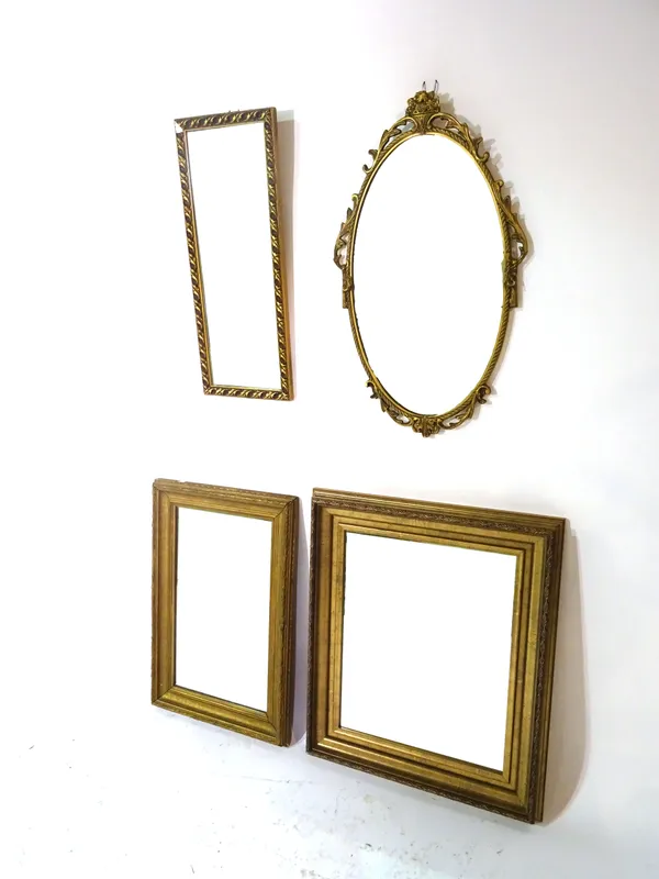 A group of four 20th century gilt framed rectangular wall mirrors, the largest 57cm wide x 70cm high, (4)