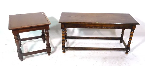 An 18th century style oak rectangular coffee table, on bobbin turned supports, 47cm high and a hardwood side table, 48cm wide x 50cm high, (2).
