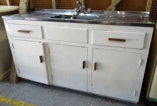 A 20th century retro kitchen unit with fitted steel sink and cupboards below,162cm.