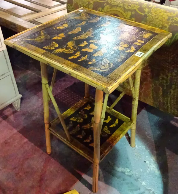 A lacquer painted bamboo side table decoupage decorated with butterflies 71cm high and another similar 67cm high, (2).