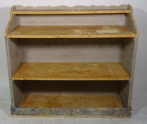 A scumble painted open shelved side cupboard with wavy galleried back, 106cm wide x 96cm high.