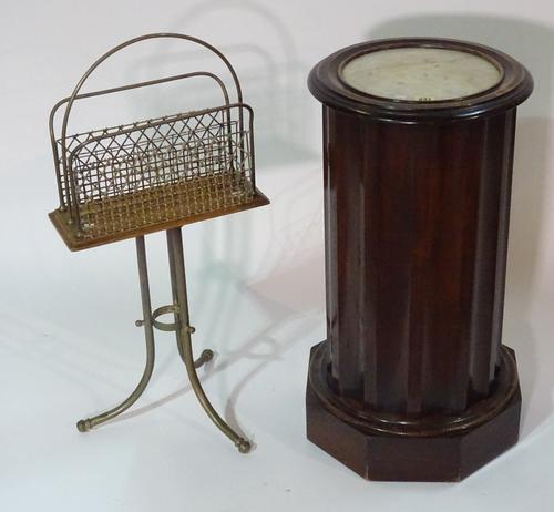 A 19th century French mahogany cylindrical pot cupboard with marble top, 70cm high and a brass and oak magazine stand, (2).