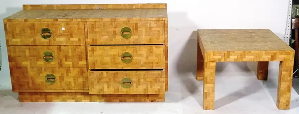 A 20th century parquetry veneered chest of six long drawers, 122cm wide x 72cm high and a similar square occasional table, 76cm wide x 46cm high.