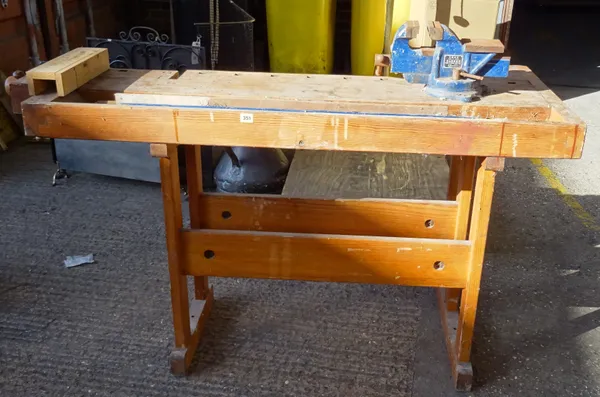 A Sjobergs of Sweden stained pine work bench, 162cm wide x 83cm high.