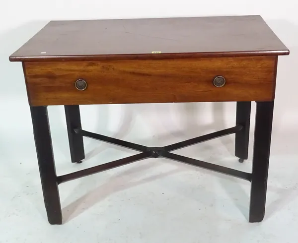 A 20th century mahogany single drawer side table on block supports, 98cm wide x 74cm high.