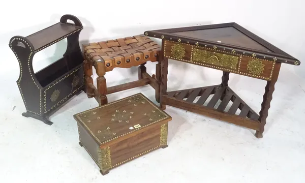 An African and brass studded triangular side table, 85cm wide x 54cm high, a magazine rack 44cm wide x 56cm high, a box 43cm wide x 20cm high and a ha
