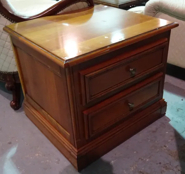 A pair of 20th century cherrywood two drawer bedside chests, 64cm wide x 55cm high (2).