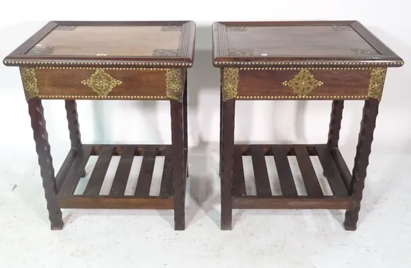 A pair of African hardwood and brass studded single drawer side tables, 60cm wide x 73cm high, (2).