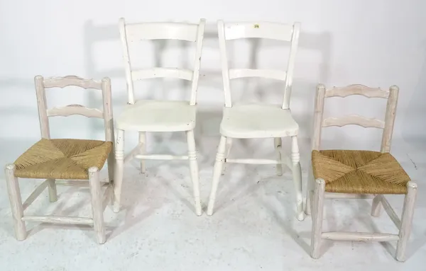 A set of four white painted bar back dining chairs and a pair of white painted child's chairs with rush seats, (6).