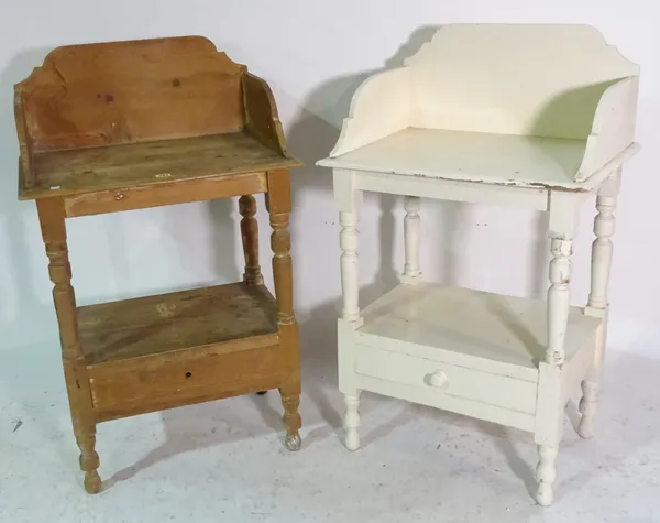 A pair of early 20th century pine washstands, one painted white with single drawer, 60cm x 100cm high, (2).