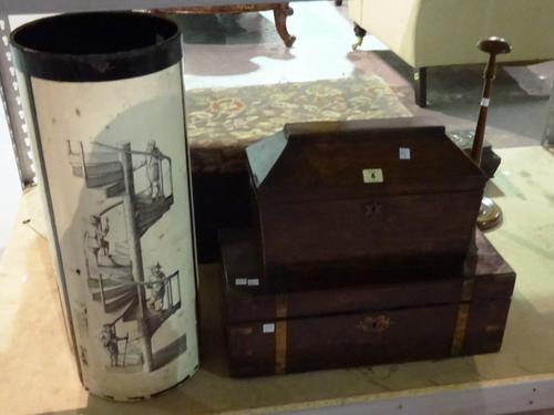 An early 19th century brass bound mahogany writing slope, 51cm wide, a rosewood sarcophagus tea caddy, 38cm wide and a stick stand, 60cm high.
