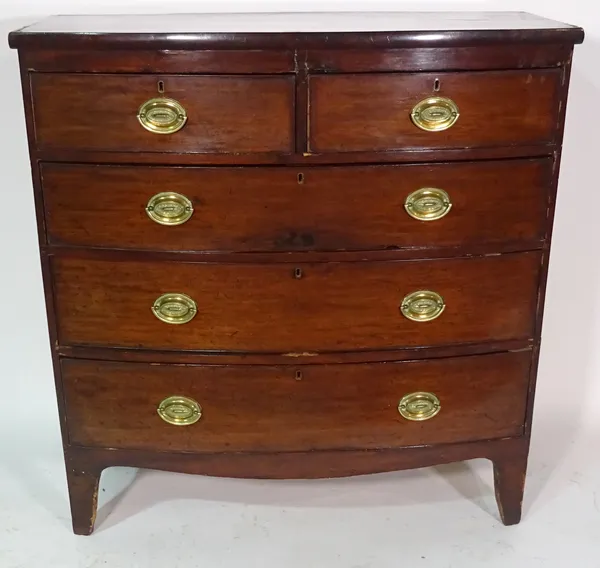 A late Regency mahogany bowfront chest of two short and three long graduated drawers, 112cm wide x 114cm high.