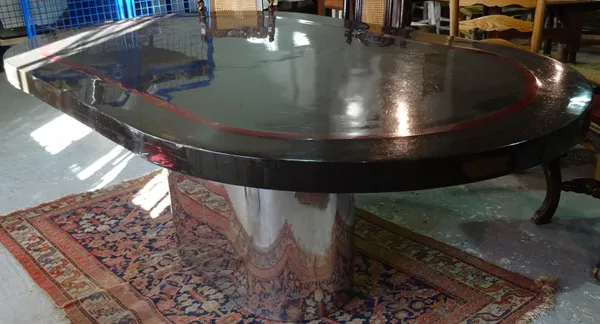 A 20th century Art Deco oval dining table with lacquered top on chrome metal base, 210cm wide x 80cm high.