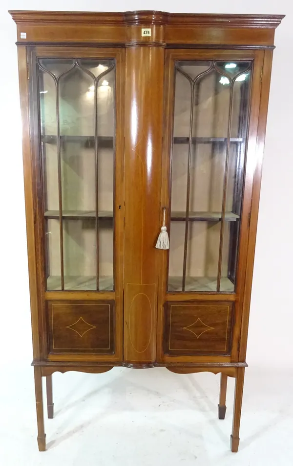 An Edwardian mahogany and satinwood inlaid display cabinet on tapering square supports, 92cm wide x 168cm high.
