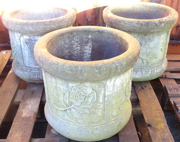 A group of three early 20th century reconstituted stone planters, 37cm wide x 34cm high (3).