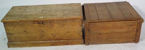 An early 20th century pine lift top box on plinth base, 94cm wide x 40cm high.
