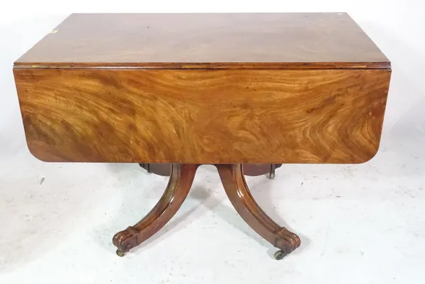 A Regency mahogany Pembroke table with single drawer on four downswept supports, 106cm wide x 75cm high.