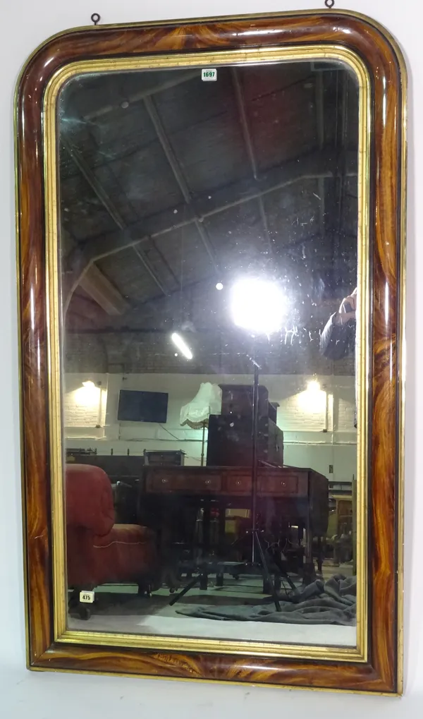 A 19th century arch top overmantel mirror with faux wood grained frame, 87cm wide x 149cm high.