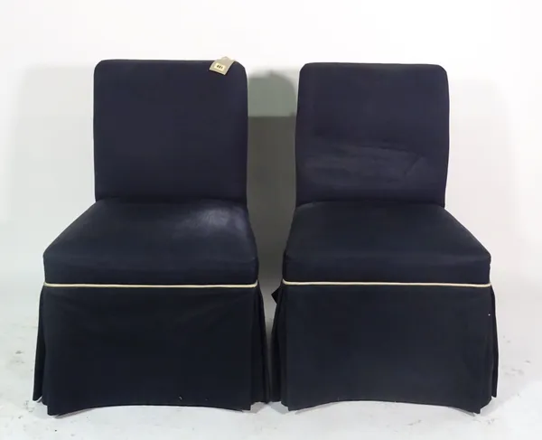A set of eight modern square back dining chairs with loose navy blue upholstery, 57cm wide x 90cm high, (8).
