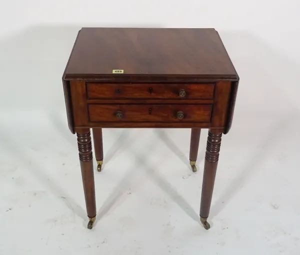 A William IV mahogany drop flap work table, with a pair of frieze drawers, on turned supports, 51cm wide x 67cm high.