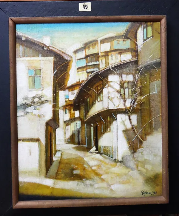 Stefan Nikolov Petkov (b 1948), Street scene, oil on canvas, signed and dated 98, 45cm x 36cm.