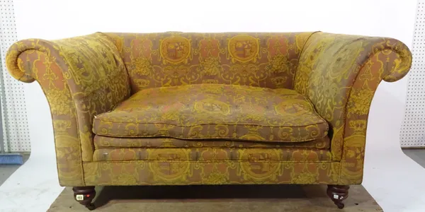 Mulberry; a Chesterfield style sofa, with heraldic upholstery on turned supports, 160cm wide x 77cm high.