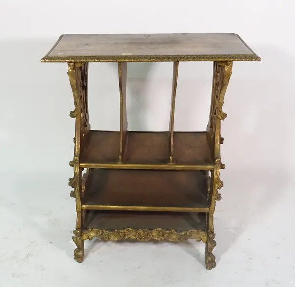 A 19th century gilt whatnot/ music stand, with lyre trestle supports, 71cm wide x 84cm high.
