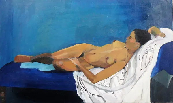 French School (20th century), Reclining nude, oil on canvas, unframed, 33cm x 55cm.
