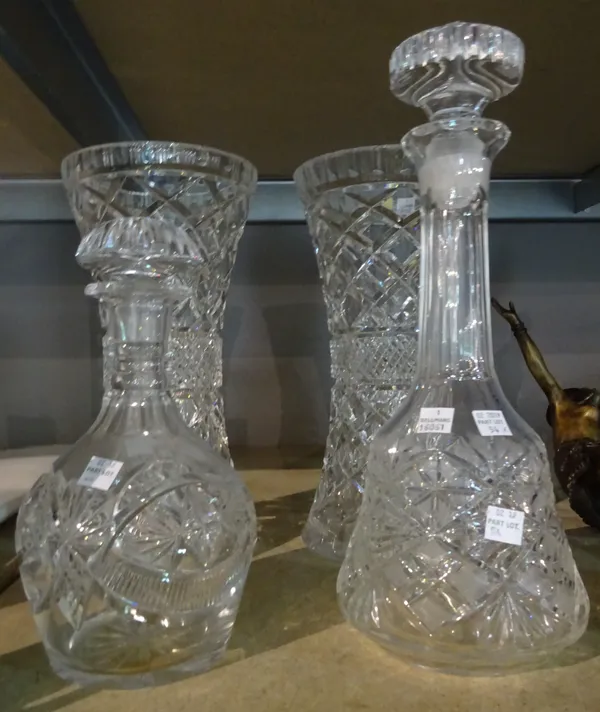 A pair of cut glass vases and two decanters, (4).