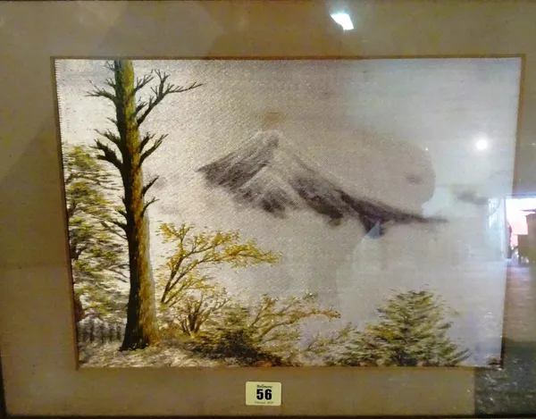Three Japanese embroidered landscape pictures, 20th century, 26cm. by 36cm., mounted, glazed and framed, (3).