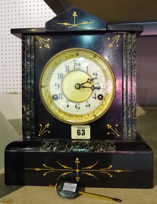 An early 20th century black slate and marble mantel clock, 23cm wide x 28cm high.