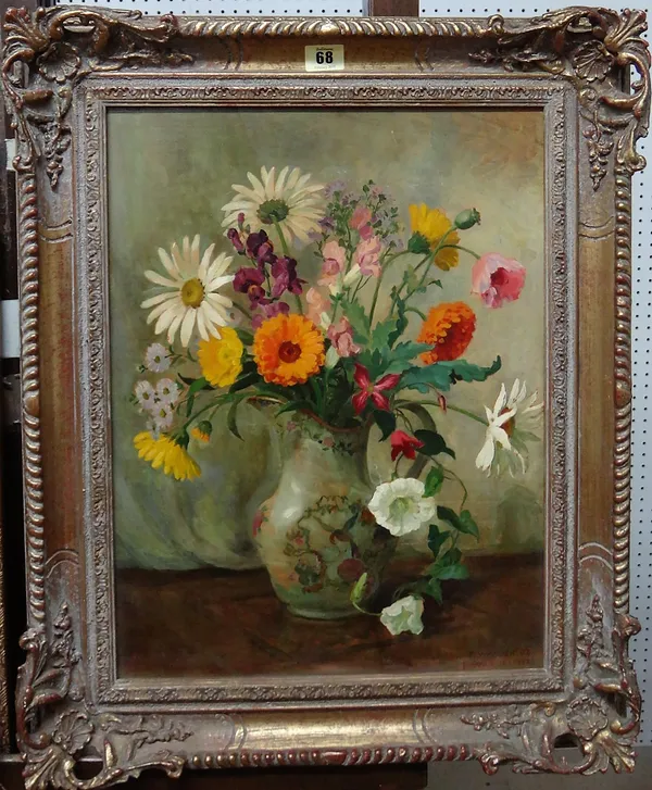 E. Warden (20th century), Still life of flowers in a jug, oil on board, signed (twice) and dated 34/1935, 47cm x 35.5cm.