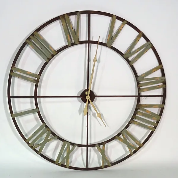 A 20th century metal clock dial face, 123cm wide and a brass bed head, 156cm wide x 122cm high, (2).