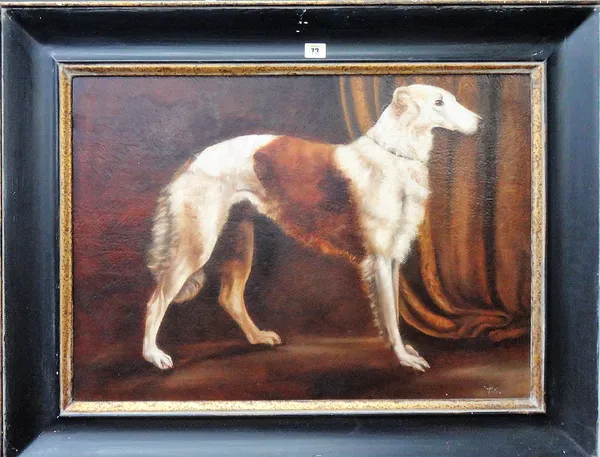 T** S** (20th century), Portrait of a Borzoi, oil on canvas, signed with initials, 49cm x 69cm.