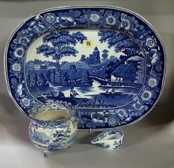 19th century English blue and white printed pottery, to include; ashets, pap boat and cauldron (qty).