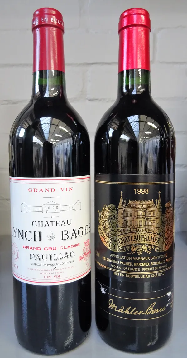 One bottle 1998 Chateau Palmer Margaux Medoc-Mahler Besse and one bottle 2003 Château Lynch Bages Pauillac. (2)