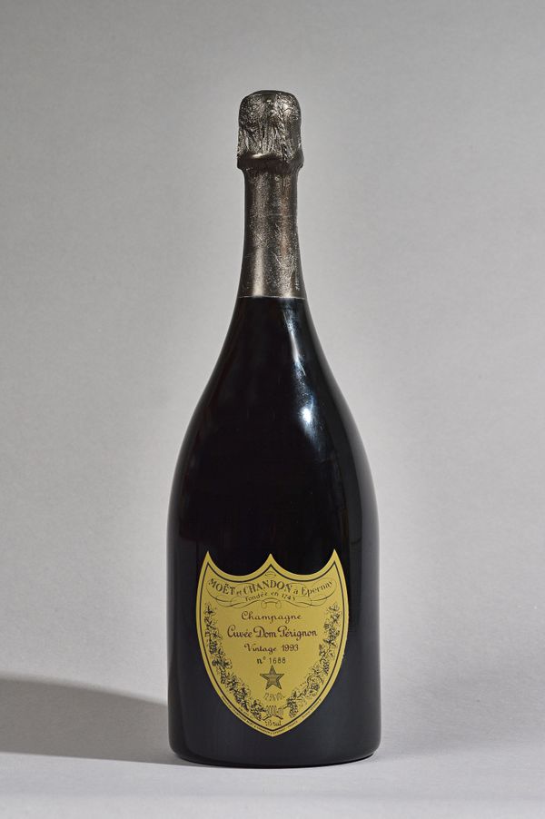 One Jeroboam 1993 Dom Perignon vintage champagne in a presentation case.  Illustrated